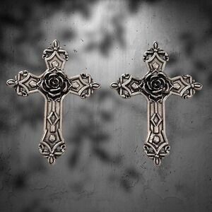 Large Ornate Cross Romantic Goth Rose Center Detail Stud Earrings